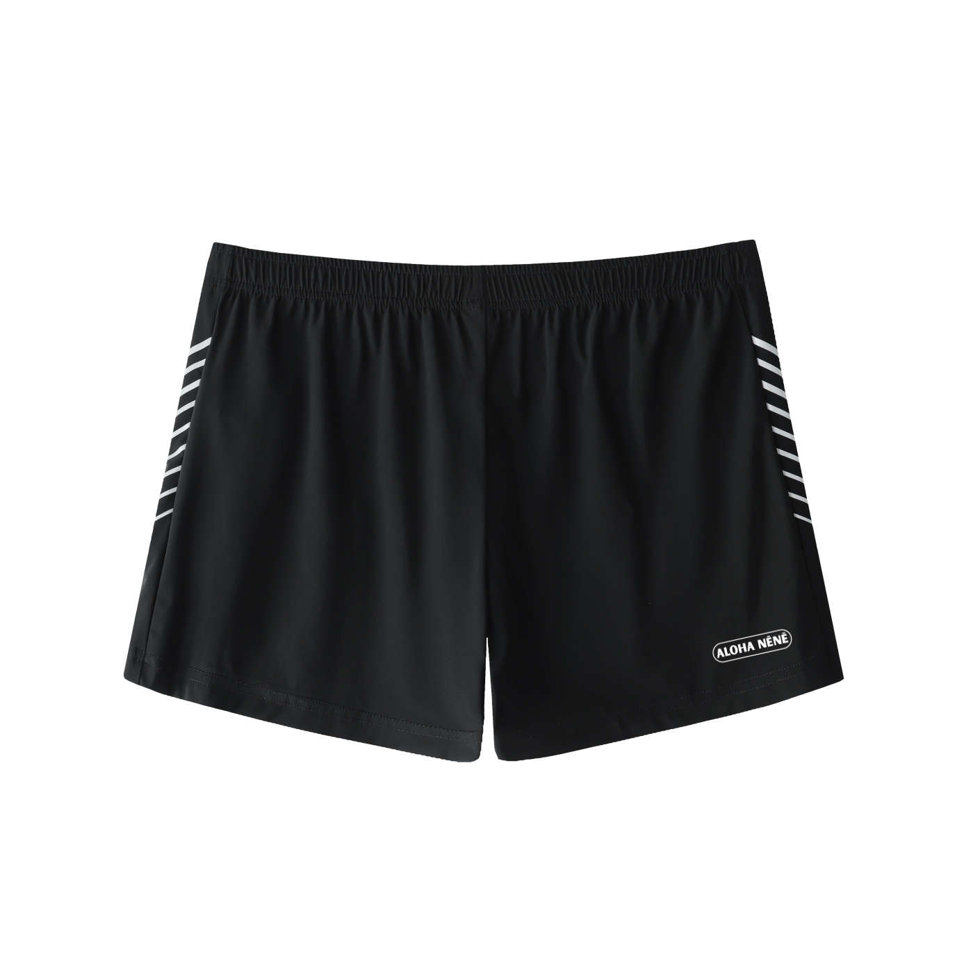 Black athletic shorts with white diagonal stripe details on the sides and a small 'Aloha Nene' logo on the lower left leg, shown against a plain white background.
