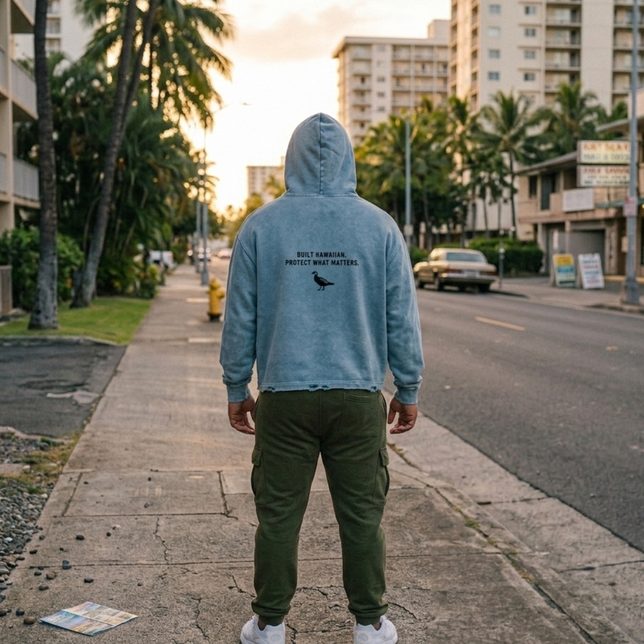 A person standing on a city sidewalk at sunset, viewed from behind, wearing a light blue hooded sweatshirt with black text and a bird silhouette on the back, olive green pants, and white sneakers.