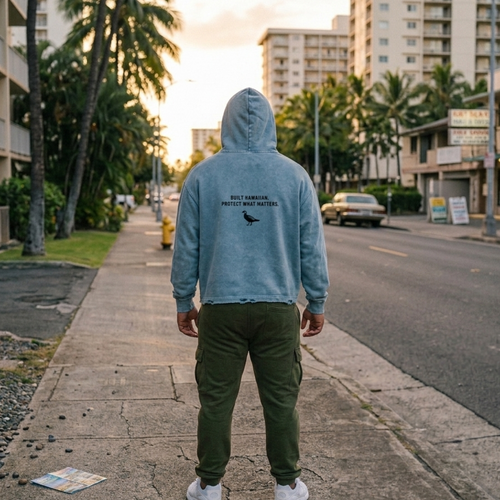 A person standing on a city sidewalk at sunset, viewed from behind, wearing a light blue hooded sweatshirt with black text and a bird silhouette on the back, olive green pants, and white sneakers.
