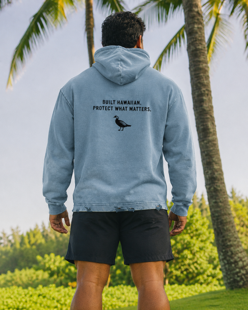 Blue Aloha Nene hoodie with a nene goose image and built Hawaiian protect what matters streetwear hoodie Hawaiian man in shorts and palm trees