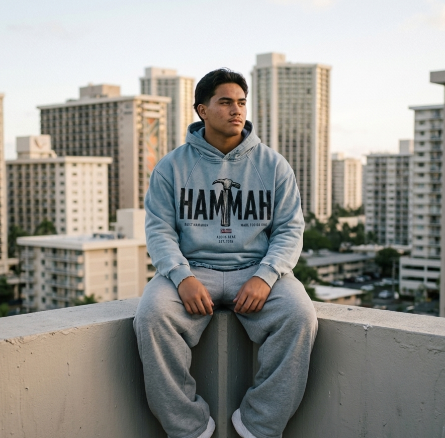 A man sits on a concrete ledge in Waikiki, Hawaii, wearing a light blue hoodie with 'HAMMAH' printed across the chest and matching light gray sweatpants, Aloha Nene and Hawaiian Flag