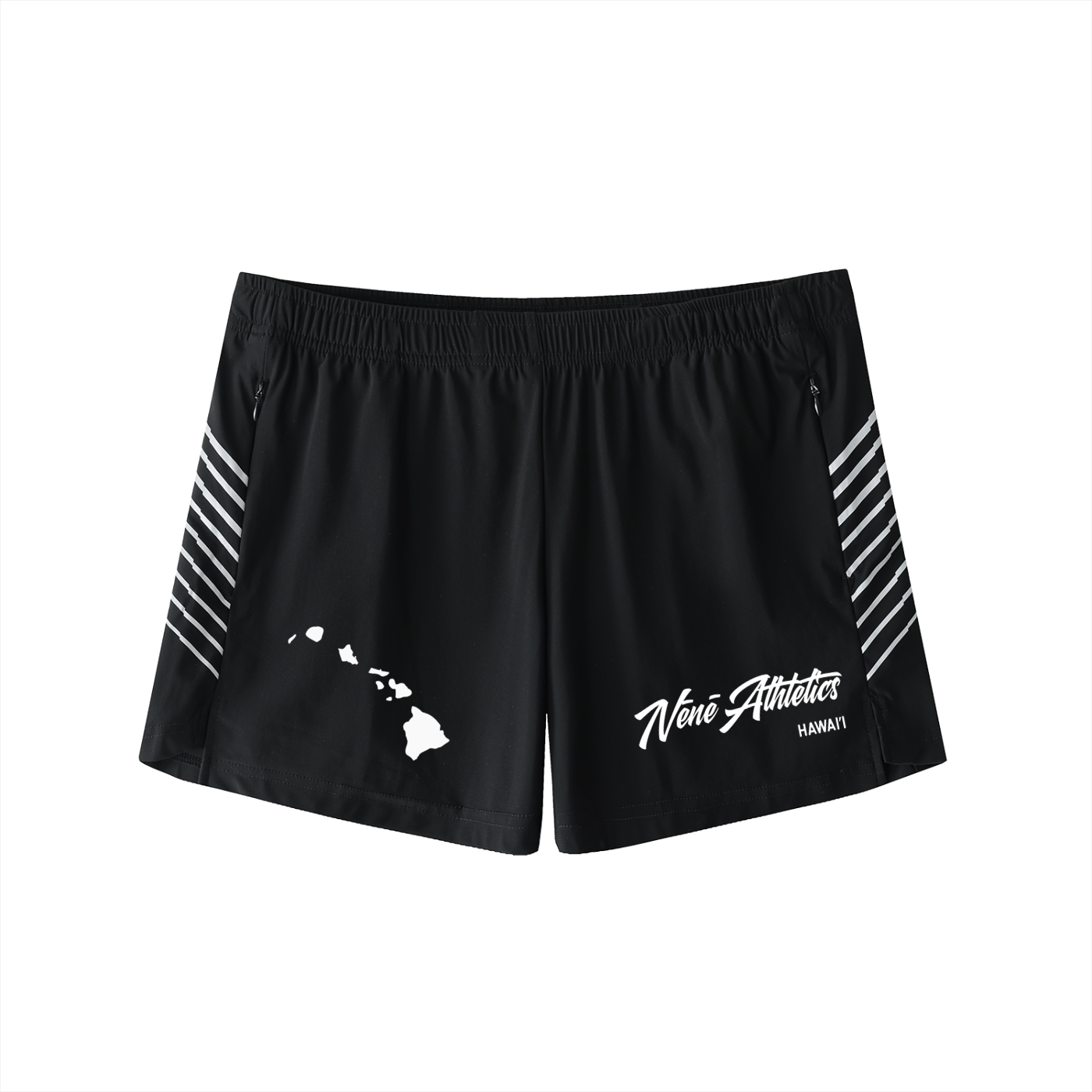 Black athletic shorts with white graphics, including a Hawaii state outline and 'Nēnē Athletics' text on the left leg, and white diagonal stripes on the sides, shown against a plain white background.