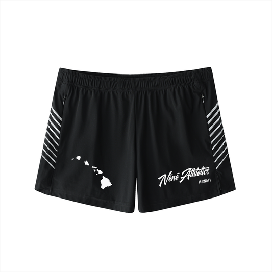 Black athletic shorts with white graphics, including a Hawaii state outline and 'Nēnē Athletics' text on the left leg, and white diagonal stripes on the sides, shown against a plain white background.